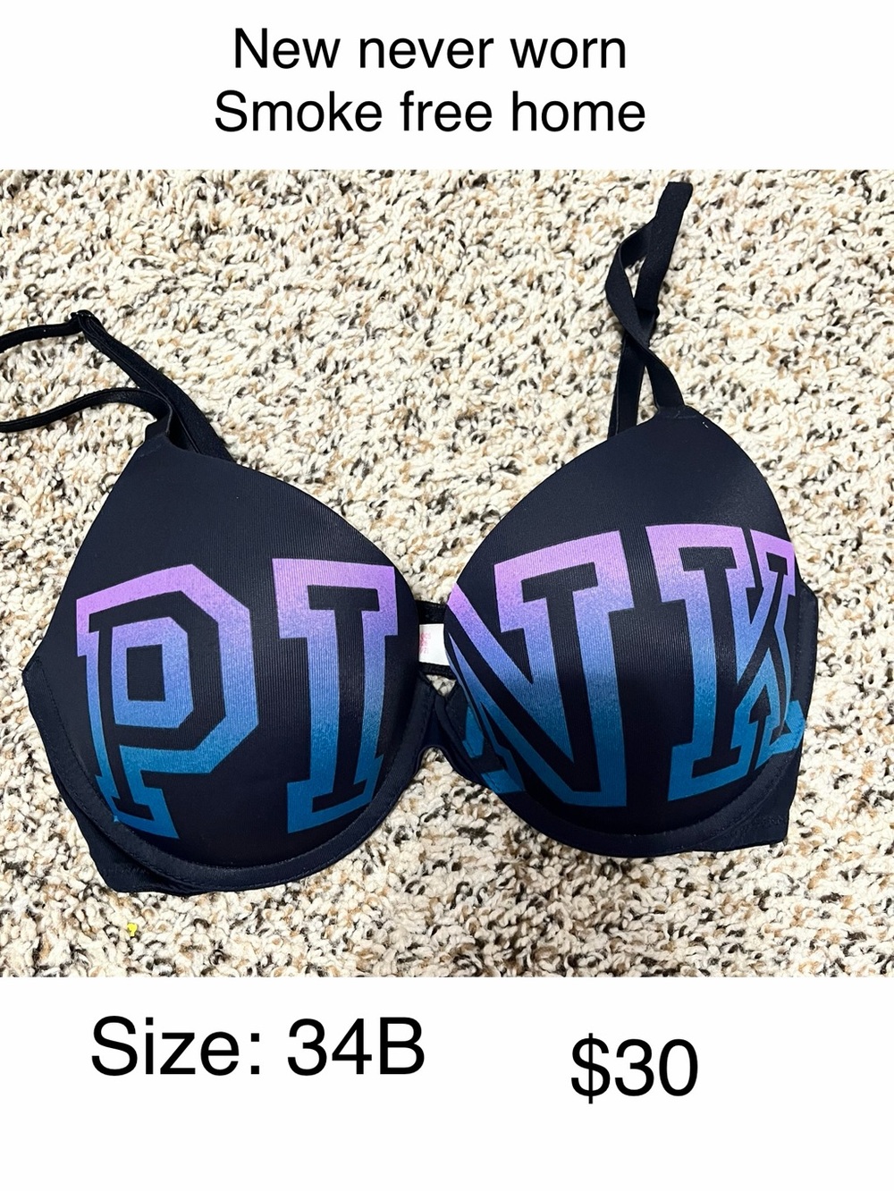 Victoria's Secret Black Bra with Purple-to-Blue Ombre PINK Logo